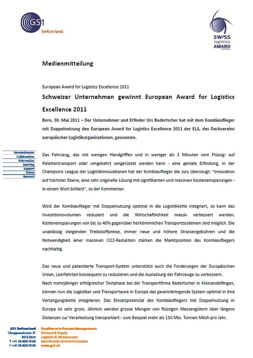 Europäischer Logistics Award 2011 - Badertscher Handels- und Invest AG