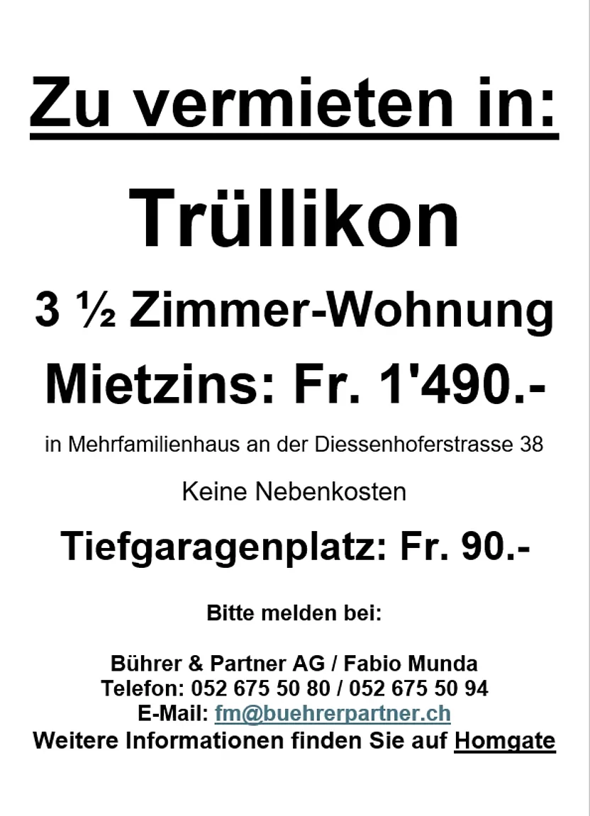 3 ½ Zimmer-Wohnung: Mietzins: Fr. 1'490.-