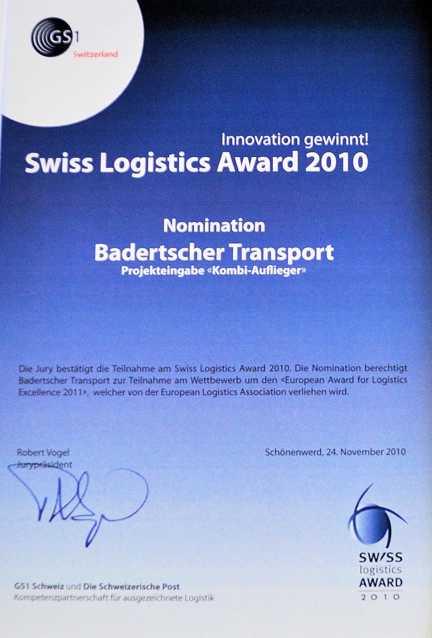 Urkunde - Europäischer Logistics Award 2011 - Badertscher Handels- und Invest AG