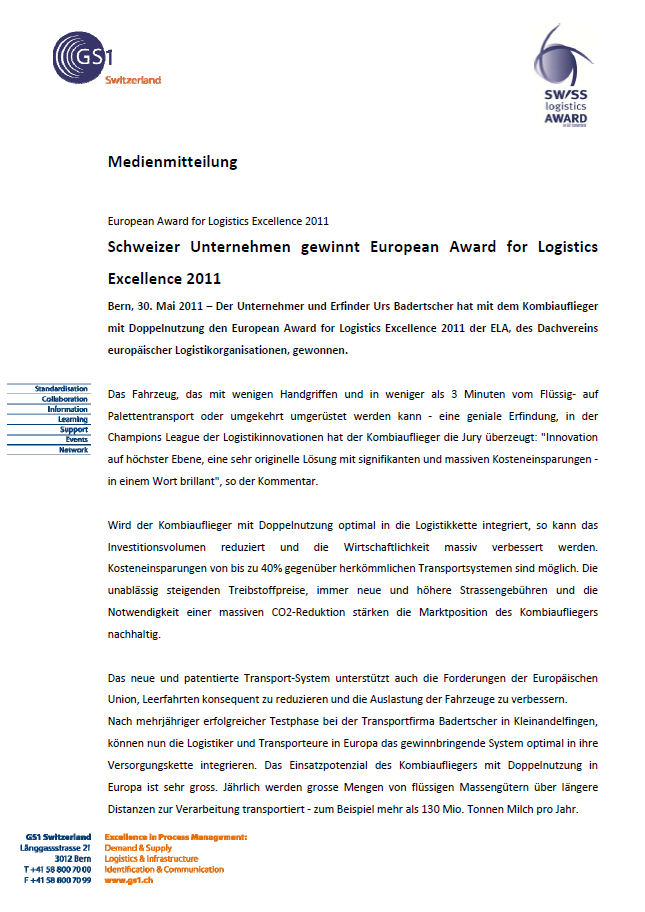 Innovation gewinnt - Europäischer Logistics Award 2011 gewonnen für unseren Kombi-Auflieger mit Doppelnutzung.